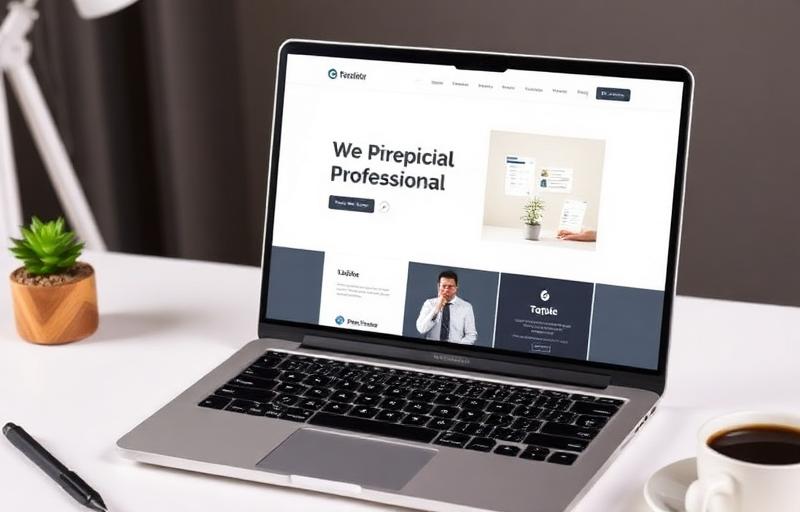 Professional website displayed on laptop in modern workspace